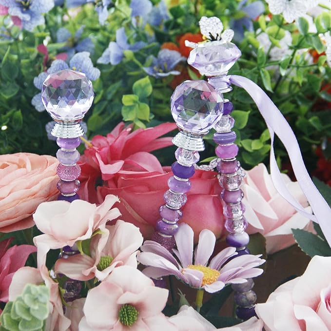 119 Pcs Garden Stake DIY Fairy Wand Plant Stake with Purple Large Hole Beads Crystal Diamond Stopper Top 4 Stainless Steel Threaded Rod Beaded Garden Stakes for Outdoor Indoor Yard Patio Decorations