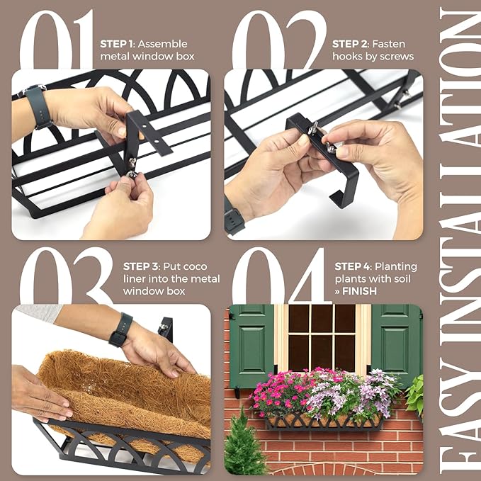 2 Pack 32IN Window Box Railing with Adjustable Brackets, Hanging Flower Planter Basket with Coco Liner for Outdoor Balcony Porch Fence Patio (Black)