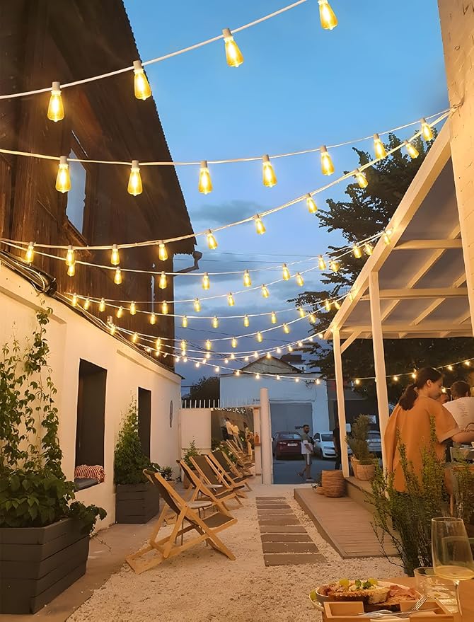 48FT Solar Outdoor String Lights with Remote & Timer, Shatterproof Dimmable 3 Modes Patio Lights with 15+1 ST38 LED Bulbs for Backyard-White