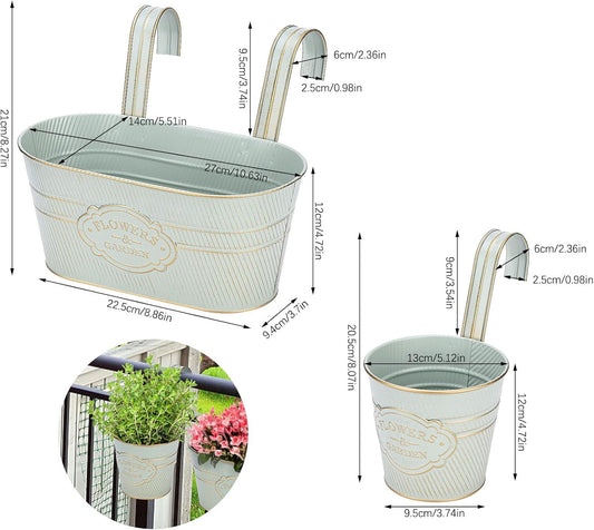 PerGar Vintage Metal Iron Wall Hanging Flower Pots, Rustic Planter Bucket Herb Flower Plant Holder with Detachable Hooks & Drainage Hole for Railing Fence Balcony Deck Garden Home Decoration, Set of 3
