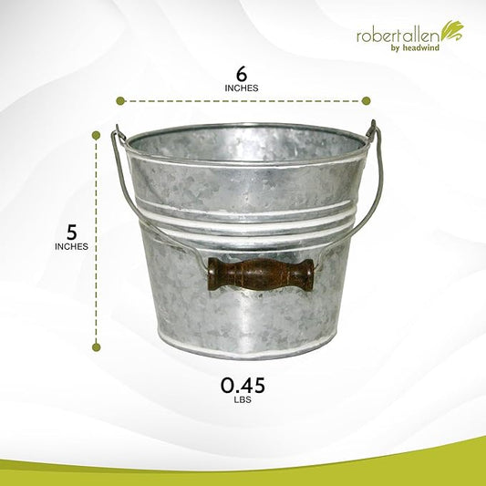 Headwind Vintage Collection - 6 Inch Galvanized w/White Wash Banded Planter with Handles – Galvanized Bucket Planter - Decorative Small Planters for Indoor Plants & Outdoor Use by Robert Allen