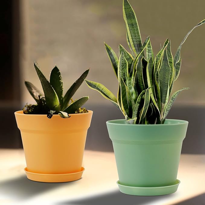 WOUSIWER 16 Pack 6 inch Plastic Planters, Indoor Flower Pots, Heavy Duty and Stylish 6 Inch Plant Pots for Indoor Plants with Drainage Holes and Tray for Plants, Flowers, Colorful