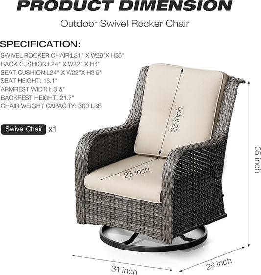 Joyside Outdoor Swivel Rocker Patio Chair - Outdoor Wicker Glider Rocking Chair with Olefin Fabric Cushions Suitable for Porch Deck and Backyard(Mixed Grey/Beige)