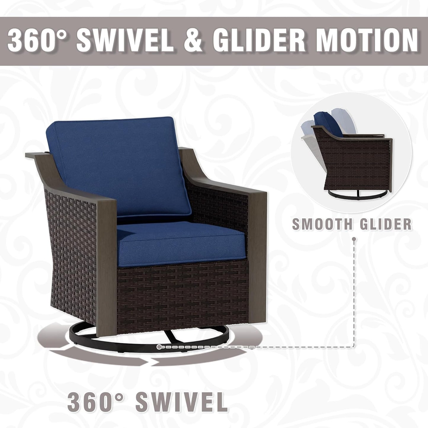 5 Piece Wicker Patio Conversation Set, All-Weather Use Outdoor 2 PE Rattan Swivel Chair, 2 Ottoman, 1 Patio Sofa, Removable Water-Resistant Cushion, Ideal for Porch, Backyard, Balcony, Poolside, Blue