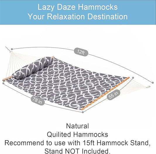 Lazy Daze Hammocks 12FT Quilted Fabric Hammock with Soft Pillow, Double 2 Person Tree Hammock with Spreader Bar for Outdoor Outside Patio Garden Yard, 450lbs Weight Capacity