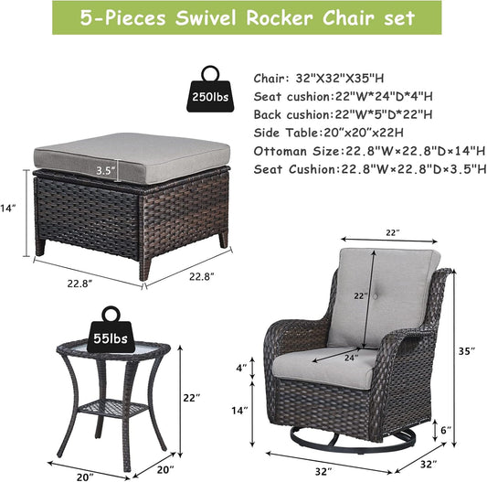 Outdoor Wicker Patio Furniture Set - 5 Pieces Rattan Patio Conversation Set with 2 Rocking Swivel Chairs,2 Ottomans and 1 Side Table for Porch Deck Backyard Garden(Brown/Grey)