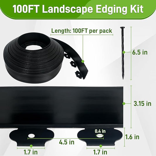 3.15" x 100' No Dig Landscape Edging, Flexible Garden Edging Borders with 90 Anchoring Spikes, Plastic Lawn Edging for Landscaping Garden Flower Beds Grass Yard Paver Pathway, Black