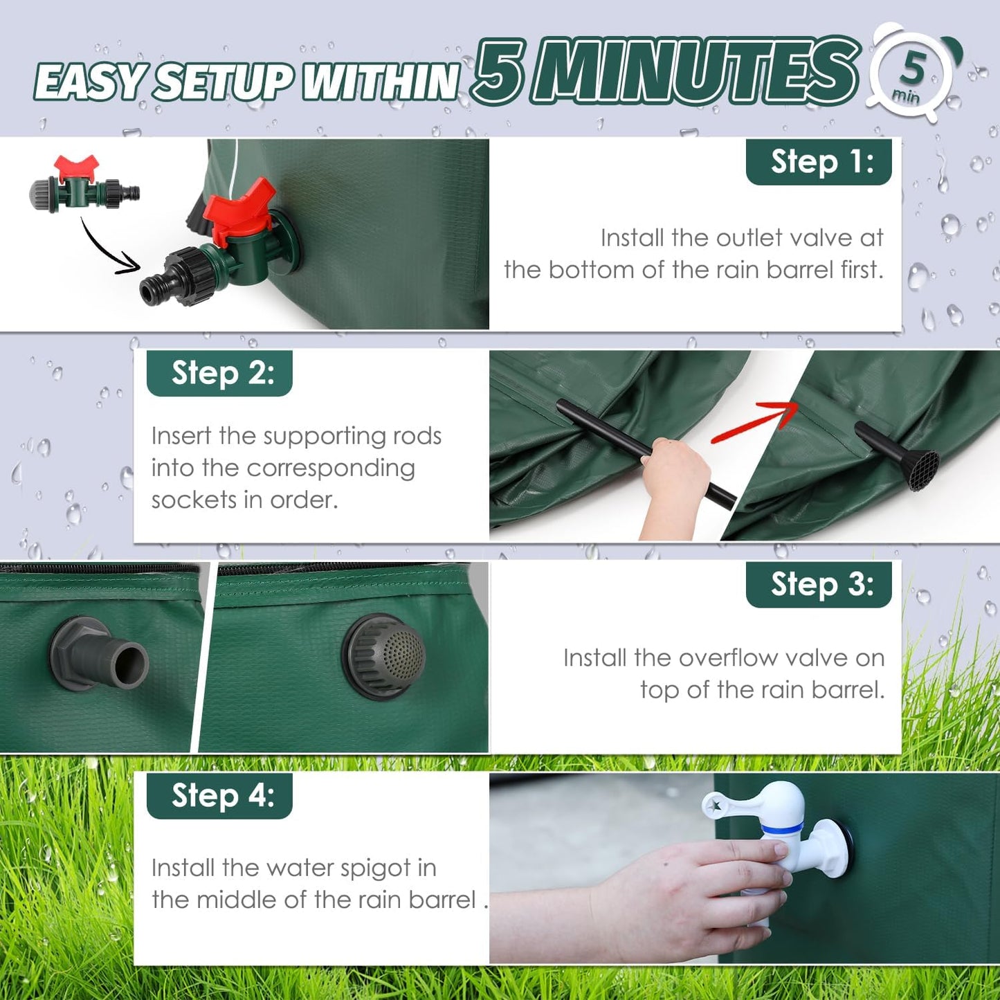 LANUEVA 100 Gallon Collapsible Rain Barrel, Rainwater Collection System with 2 Spigots, Overflow Kit and 2 Hoses, Portable Water Storage Tank with Scale Mark for Garden Plant Watering, Farm Irrigation