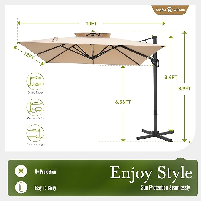 Sophia & William Cantilever Patio Umbrella 10'x 13', Hydraulic Lift Offset Large Outdoor Umbrellas, 2-Tier Hanging Umbrella with 360-degree Rotation, Beige(No Base)