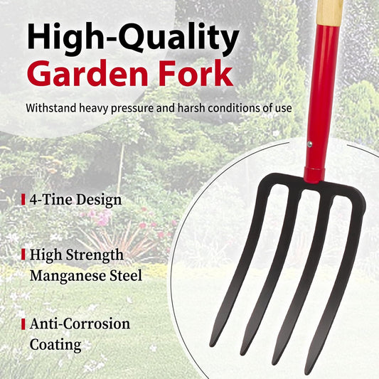Heavy Duty Garden Fork for Digging, 4 Tines Pitch Fork for Gardening Compost, Garden Pitch Fork with Wooden Handle, 45 Inches