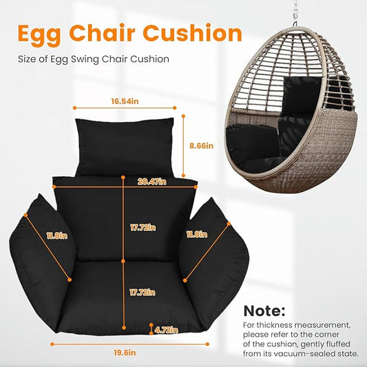 Egg Chair Cushion, Hanging Basket Hammock Seat Cushion, Thick Soft Egg Swing Chair Pad with Headrest for Patio Porch Furniture Outdoor (Black, 39.37x45.28x4.72in)