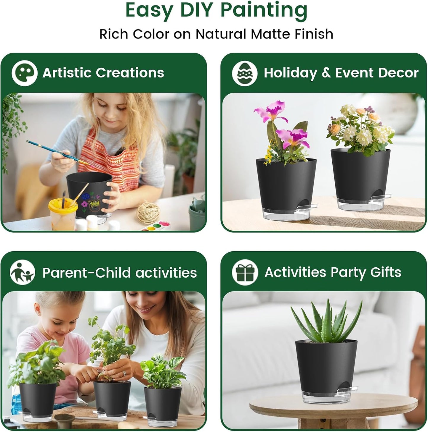 6 inch Self Watering Pots for Indoor Outdoor Plants, 3 Pack Flower Plant Pots with Drainage Holes and Clear Reservoirs, Visible Water Level, Plastic Planters with Wicking Rope, Black