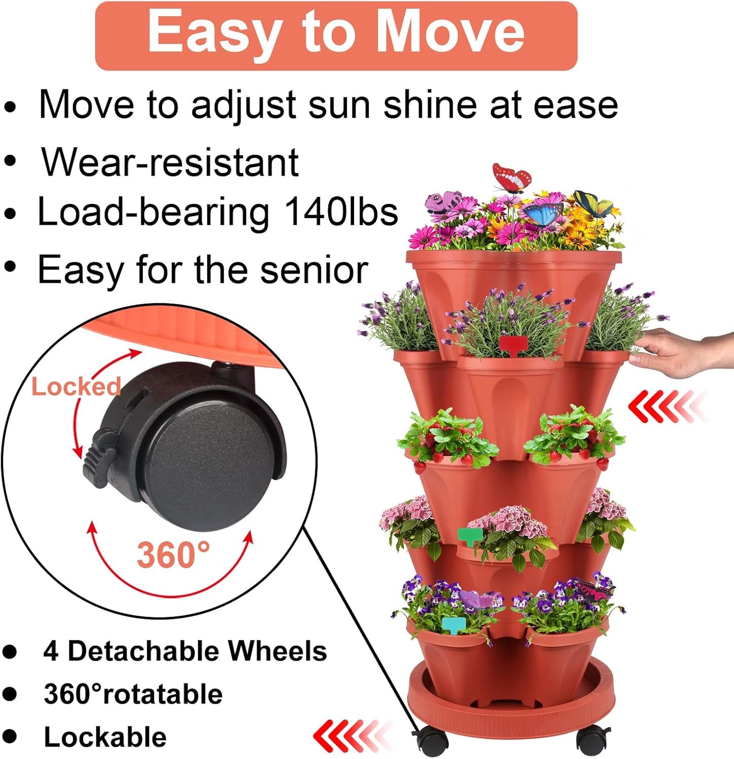 Vertical Planter, 5 Tier Stackable Strawberry Planter with Garden Tool Set, Movable Indoor/Outdoor Garden Herb Pot for Growing Vegetables and Succulents, Red