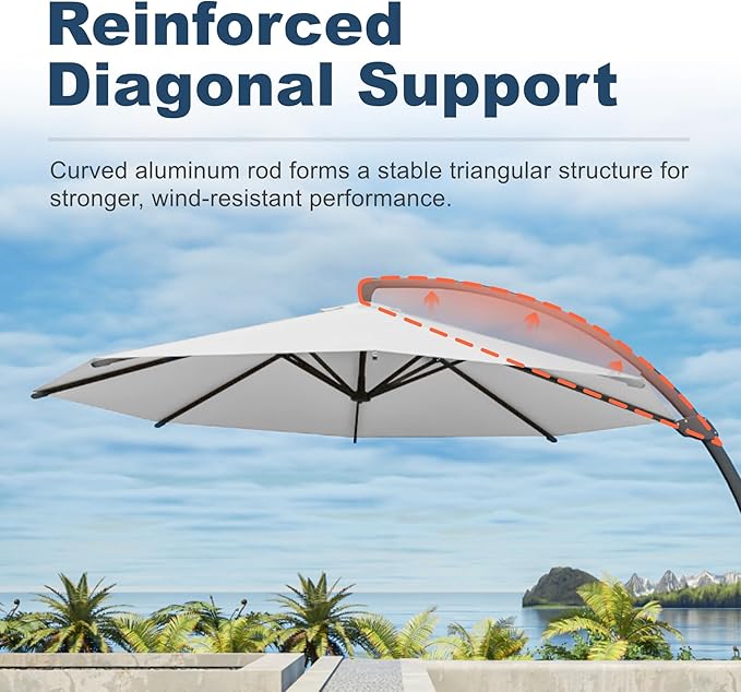 12FT Cantilever Umbrella with Base Large Curvy Outdoor Aluminum Offset Umbrella w/ 360° Rotation, UV Resistant Canopy for Patio, Garden, Backyard, Light Gray