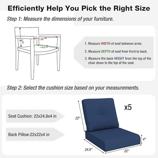 Joyside Outdoor Chair Cushions Set, 22x25/22x24 Inch Patio Furniture Deep Seat Cushions, Water Resistant & Thick Cushion, Outdoor Replacement Cushions for Seat and Sofa (Blue, 5 Set)