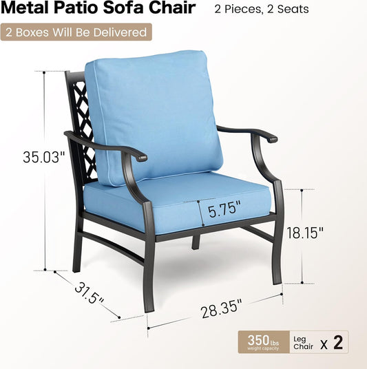 Metal Patio Chairs Set of 2 with 5.75" Extra Thick Cushion, 2 Pieces High Back Outdoor Patio Chairs All Weather Outdoor Furniture Seating for Deck Backyard Balcony Front Porch, Blue
