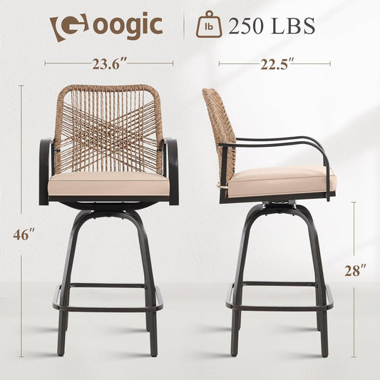 Outdoor Bar Stools Set of 6, Patio Swivel Counter Height Rattan Bar Stools, Patio Wicker Bar Swivel Chairs with Cushion, Outdoor Pool Bar Chairs for Backyard Garden Balcony w /360 Rotation