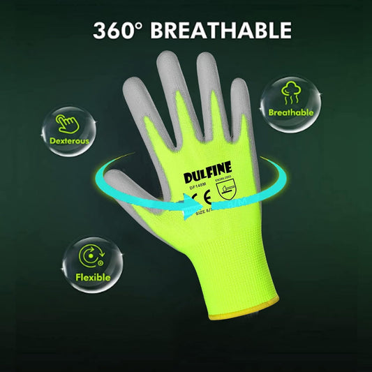 DULFINE Safety Work Gloves for Men PU Coated 60 Pairs Bulk Pack,Hi-Vis Yellow Seamless Knit Glove with thin Polyurethane Coated Smooth Grip on Palm & Fingers,Ideal for General Duty Work (XX-Large)