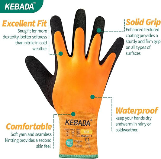 Kebada T1 3 Pairs Waterproof Winter Work Gloves for Men and Women, Warm Work Gloves for Cold Weather, Thermal Insulated Freezer Gloves, 100% Latex Coating & Super Grip, Unisex, X-Large