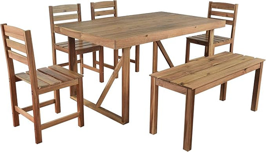 Outdoor, Residential Dining Table, 4-Chair ,Bench Set, 6PC,Wooden Frame,Patio, Balcony, Backyard,Gardens, Poolside
