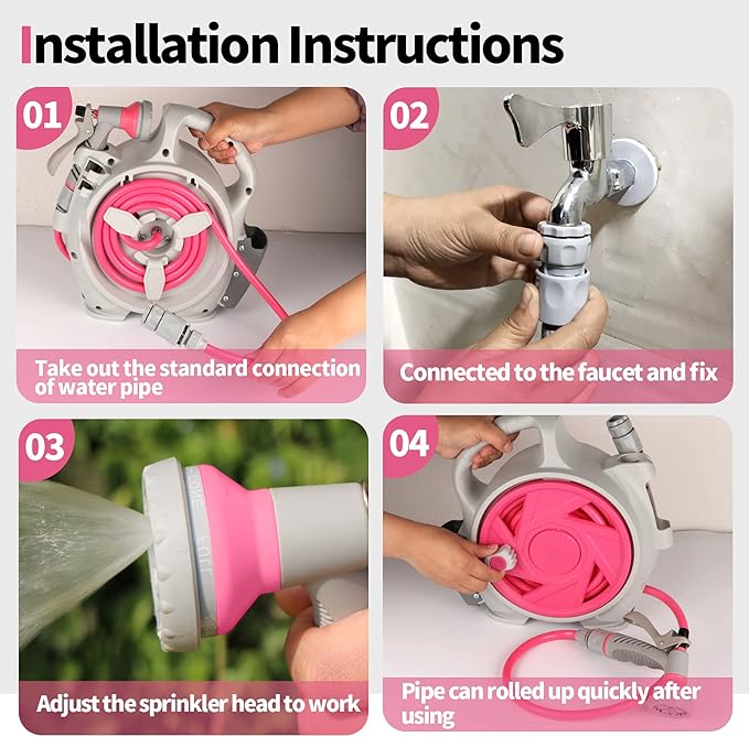 Garden Retractable Hose Reel, Portable Simple Home Hose Reel 45+5 FT with 7 Patterns Spray Nozzle, Wall Mounted and Any Length Lock for Garden Watering, Car Washing, Pet (Red Rose)