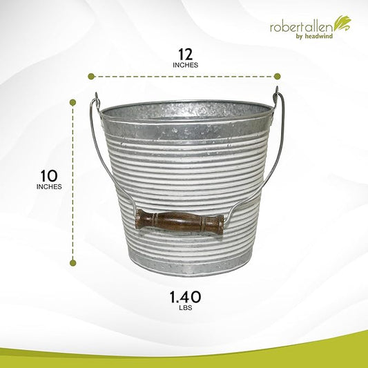 Headwind Vintage Collection - Floral Galvanized White Wash Planter with Handles – 12 Inch Flower Pots Decorative Plant Indoor – Plant Pots Indoor with Drainage by Robert Allen