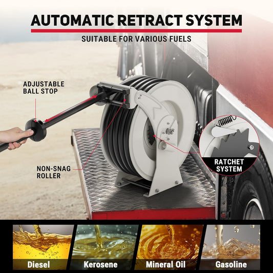 Retractable Fuel Hose Reel, 3/4 in × 66 ft Rubber Hose Heavy Duty Steel Professional Spring Driven Diesel Hose Reel with Fueling Nozzle Max 300PSI Auto Rewind Quick for Ship Vehicle Tank Truck