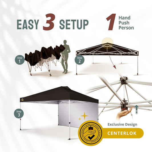 CROWN SHADES 12x12 Pop Up Canopy Tent Instant Commercial with 150D Silver Coated Fabric Including 1 Removable Sidewall, 4 Ropes, 8 Stakes, Weight Bags, STO 'N Go Bag, Black