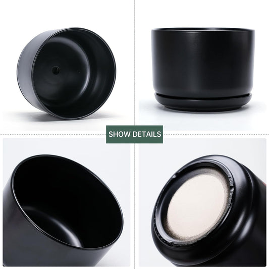 Ton Sin Plant Pots, 4.1+5.1+6.5 inch, Set of 3, Ceramic Planters with Drainage Hole and Saucer, Indoor Flower Pot with Hole Mesh Pad, Gifts for Mom(Matte Black)