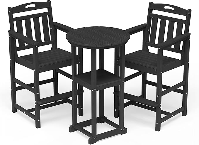HDPE Outdoor Patio Bar Set with Bar Height Table and 2 Adirondack Chairs, All-Weather High Top Outside Round Pub Furniture for Bistro, Garden, Backyard, Deck | 3-Pieces, Matte Black