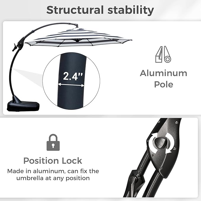 Grand patio 12 FT Patio Cantilever Umbrella Outdoor Large Round Aluminum Offset Umbrella Base Included for Deck Yard (Black & White, 12 FT)