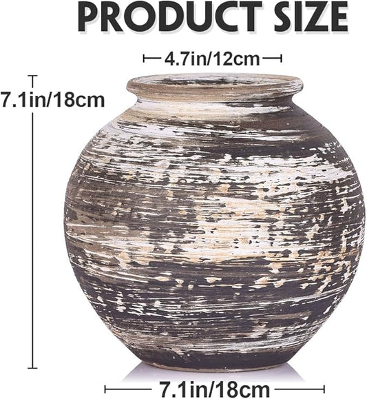 Rustic Terracotta Vase for Farmhouse Decor, Large Vintage Pottery Vases for Home, Wide Mouth Ceramic Vase for Living Room, Kitchen, Table Centerpieces, Modern Rustic Stone Vases