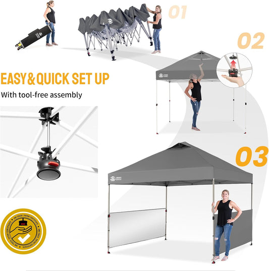 CROWN SHADES 10x10 Pop up Canopy Tent Instant Canopy with 150D Silver Coated Fabric Including 2 Half Sidewalls, 4 Ropes, 8 Stakes, 4 Weight Bags, STO 'N Go Bag, Grey