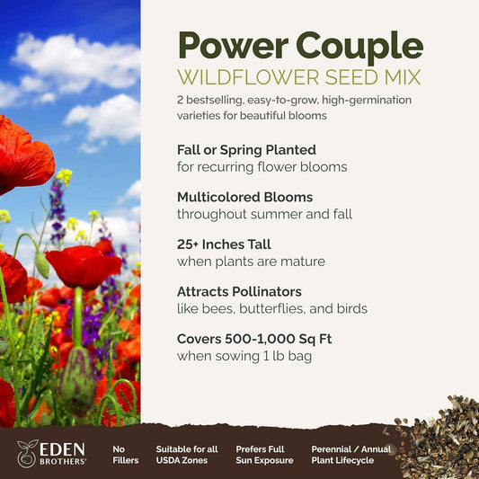 Eden Brothers Power Couple Flower Mixed Seeds for Planting, 1 lb, 480,000+ Seeds with Rocket Larkspur, Bupleurum | Attracts Pollinators, Plant in Spring or Fall, Zones 3, 4, 5, 6, 7, 8, 9, 10