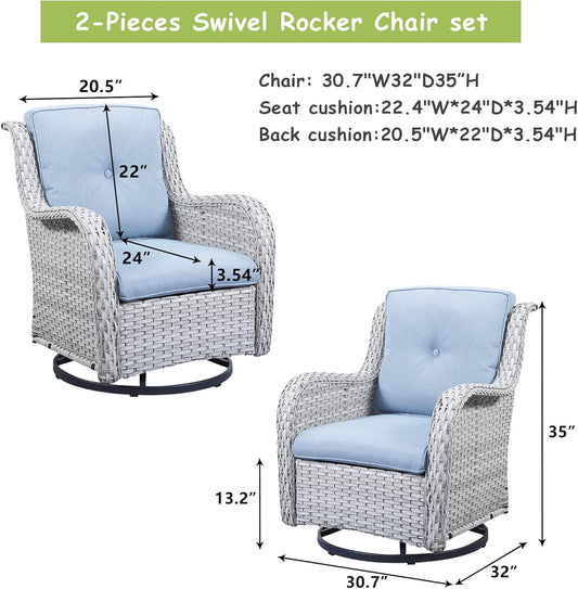 Outdoor Patio Swivel Rocker Chairs - Wicker Rattan Patio Swivel Rocking Chairs Set of 2 with High Back,Deep Seating and Comfort Cushions for Deck Porch Garden,Light Grey/SkyBlue