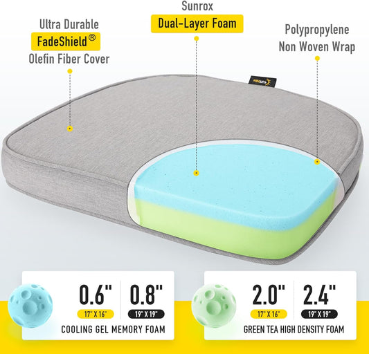 SUNROX Gel Memory Foam Chair Cushions, FadeShield Water-, Stain-Resistant Durable Reversible Seat Cushion Pads with Ties for Indoor/Outdoor Kitchen Dining Office, 19"x19", Set of 2, Heather Grey