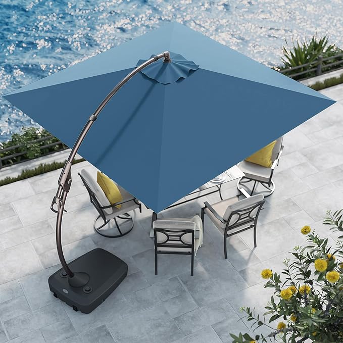Grand patio 10X10 FT Sunbrella Offset Umbrella with Base Outdoor Square Aluminum Cantilever Umbrella with Easy Tilt Adjustment (Sapphire Blue, 10X10 FT-SUNBRELLA)