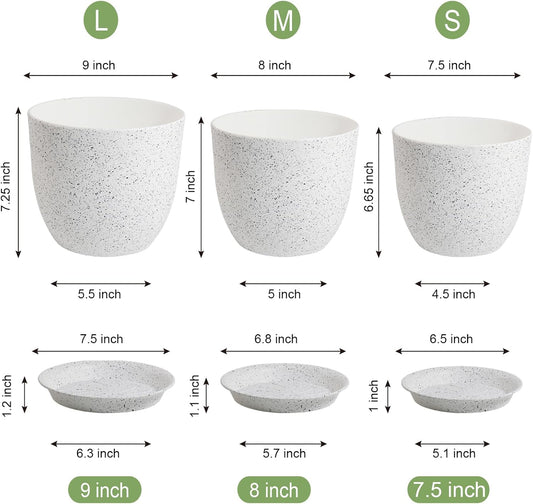 Modern Plant Pots Set, 9/8/7.5 inch Plastic Planters for Indoor Plants, Stylish Flower Pots with Drainage Holes and Saucers for House Plants and Flowers, White Speckles