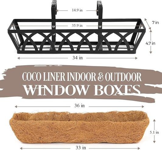 2 Pack 36IN Window Box Railing with Adjustable Brackets, Hanging Flower Planter Basket with Coco Liner for Outdoor Balcony Porch Fence Patio (Black)