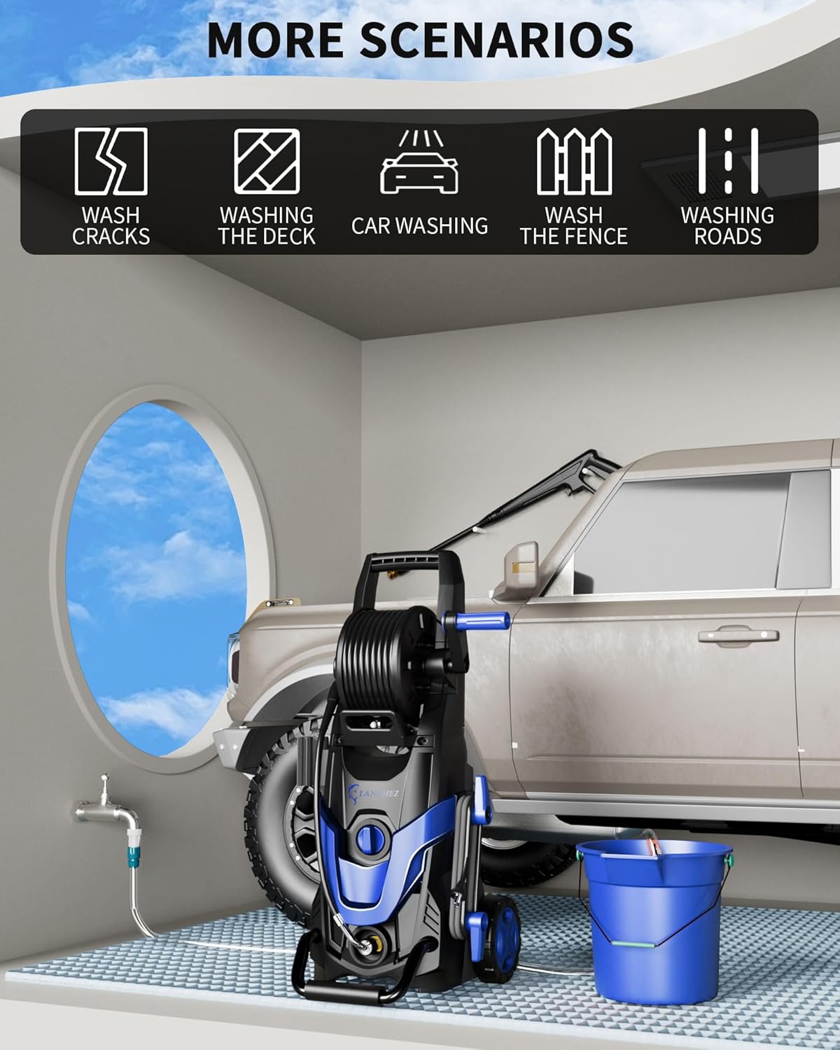 Pressure Washer, Power Washer with 6 Quick Connect Nozzles, Inlet Hose & Filter&Foam Cannon for Cars/Fences/Driveways/Patios/Home Cleaning (Blue)