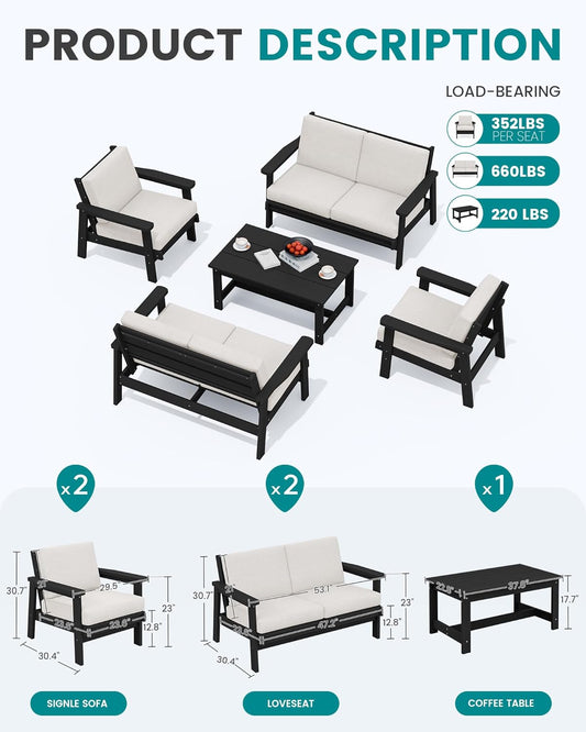 SERWALL HDPE Patio Furniture Set, 5 Piece All Weather Wood-Like Sectional Outdoor Furniture Set, Black Patio Sofa Couch with Khaki Cushions for Deck, Lawn