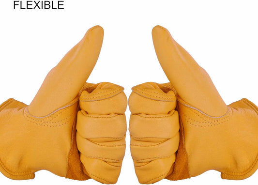 OZERO Leather Work Gloves Flex Grip Stretchable Tough Cowhide Work Gloves 1 Pair (Gold, Medium)