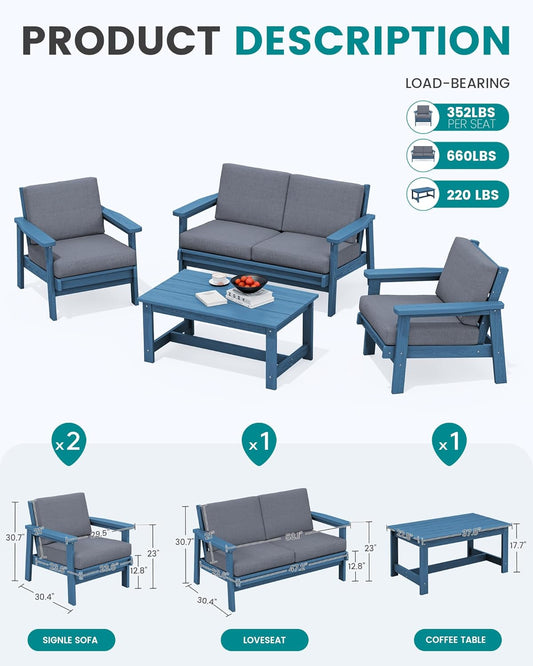 SERWALL 4 Piece HDPE Outdoor Furniture Set, All Weather Wood-Like Outdoor Sofa Sectional Couch, Blue Patio Furniture Set with Grey Cushions