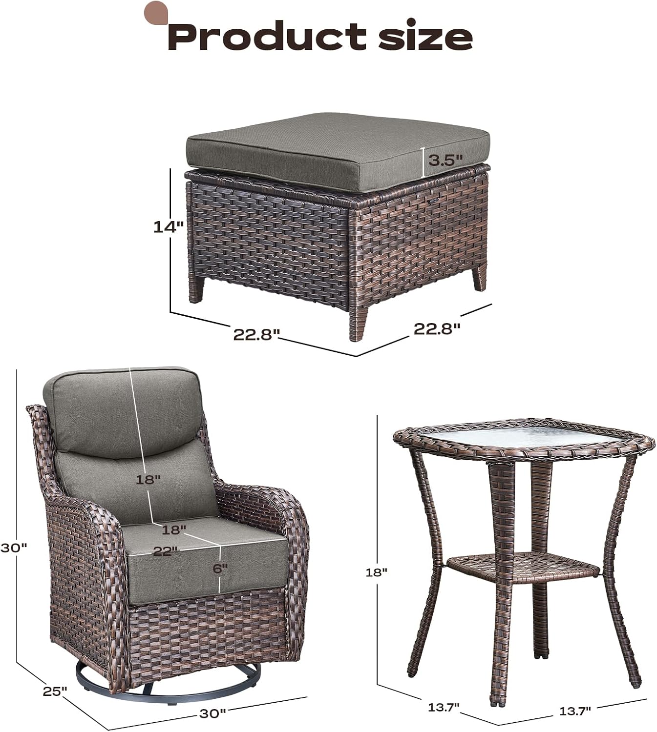 Wicker Outdoor Patio Furniture Set - 5 Piece Patio Conversation Sets with Swivel Rocker Chairs, Ottomans and Side Table, 6 inch Cushions, Waterproof Wicker, for Porch Deck Brown/Grey