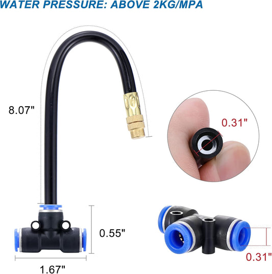 Mornajina 5Packs Brass Misting Nozzles Tee with 8inch Built in Hose for Outdoor Cooling System, Adjustable 360° Rotation, Water Mister Nozzles Thread Sprayer 0.043" (1.1 mm)