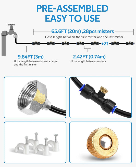 homenote Misting Cooling System 75FT (23M) Misting Line + 28 Brass Mist Nozzles + Brass Adapter(3/4") Outdoor Mister for Patio Backyard Garden Greenhouse Watering