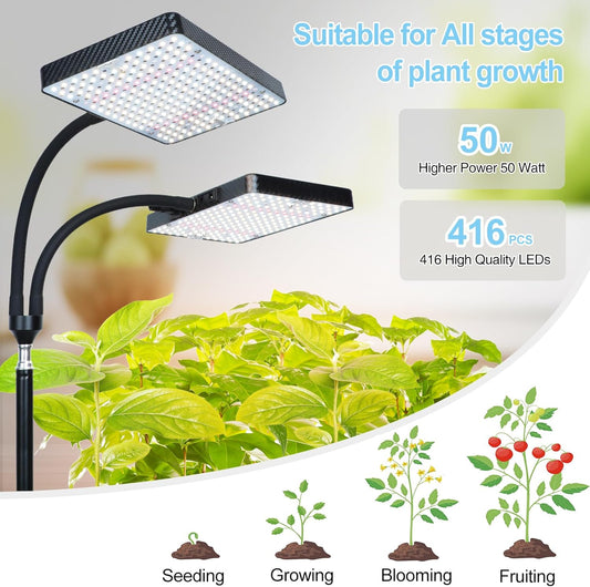 50W Table Top Grow Lights for Indoor Plants, Seed Starting, Bonsai with Timer Auto On/Off, 5000 Lumen Enough Bright Like A Small Sun for Your Jungle, Daisy Chain Function, 16"-24" Height Adjustable