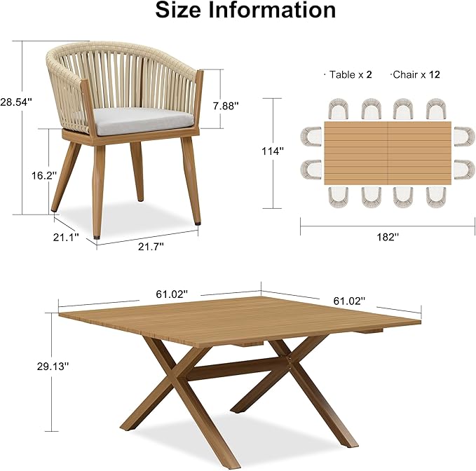 PURPLE LEAF 13 Pieces Oversized Outdoor Dining Set with Patio Aluminium Dining Table and Wicker Chairs Modern Furniture Cushions Sets for Backyard Indoor Decor Kitchen Teak