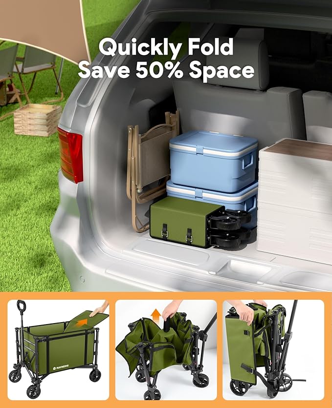 Collapsible Wagon Cart with Wheels 220lbs Foldable Wagon 120L Shopping Cart for Groceries Folding Utility Wagon for Beach, Garden, Camping, Sport, Wheelbarrows, Green