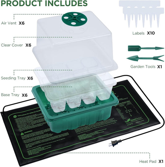 Seedfactor 7-Pack Seed Starter Tray with Heat Mat (12 Cells per Tray), Plant Germination Trays with Adjustable Humidity Dome Seed Trays Seedling Starter with Base Trays for Germination